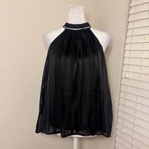 Nuna Lie Black Metallic Striped Halter Top Rhinestone Collar Glam Sexy Sz M
